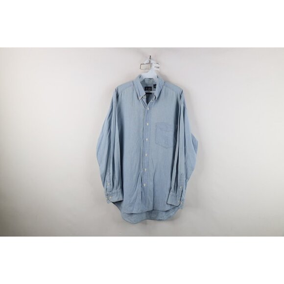 Vtg 90s Gap Mens Medium Distressed Denim Jean Collared Button Down Shirt Blue - Picture 1 of 13